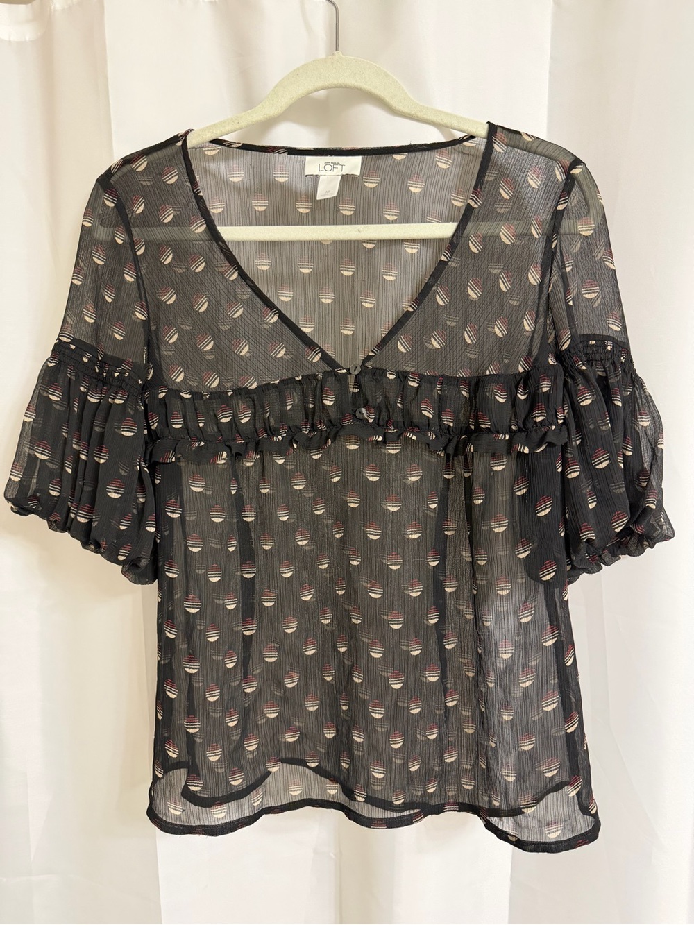 LOFT Black Sheer V-Neck Ruffle Blouse with Pink Dot Print